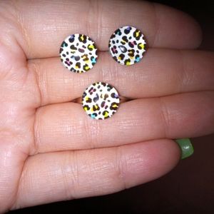 Handmade leopard print stud earrings and matching ring